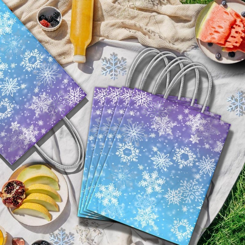 JOYGATHER 24 Pcs Snowflake Party Favor Bags with Handles - Winter Themed Goodie Gift Candy Kraft Paper Bags for Holiday Birthday Party Supplies Decorations - Image 4